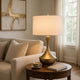 Table Lamp | White Linen Shade | Hammered Antique Brass Hourglass Shape