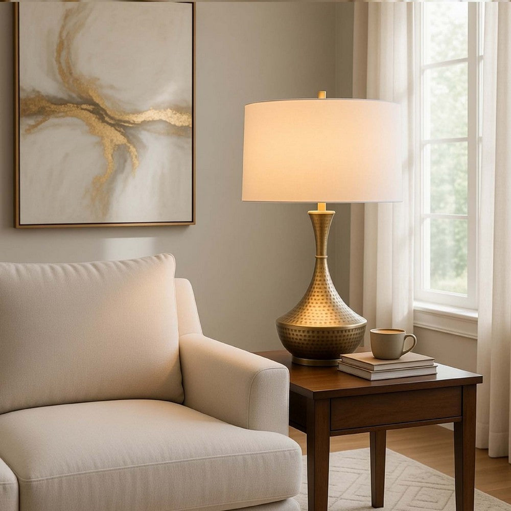 Table Lamp | White Linen Shade | Hammered Antique Brass Hourglass Shape