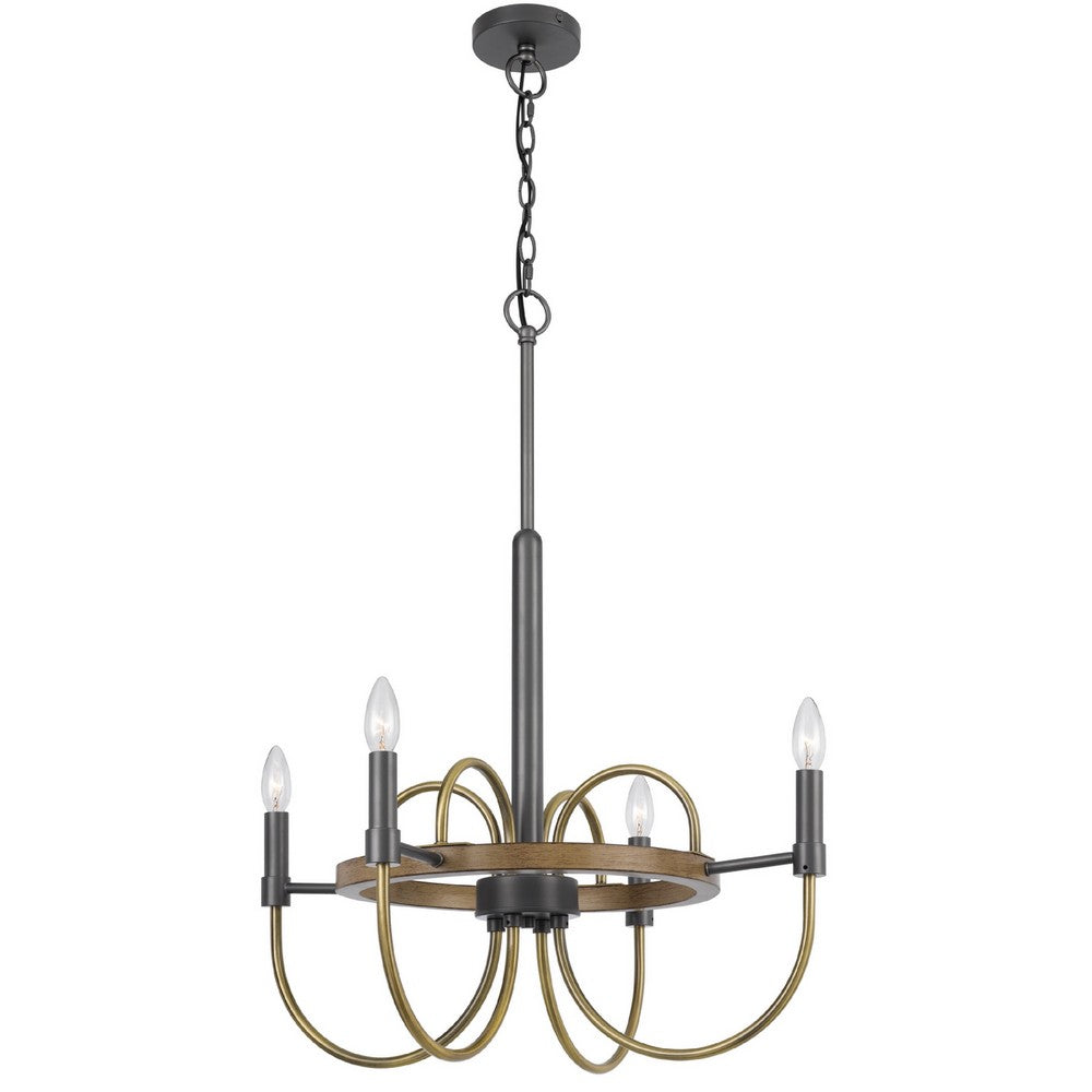 4 Light Candelabra Chandelier | Wood Base | Bronze & Gray Metal 24"