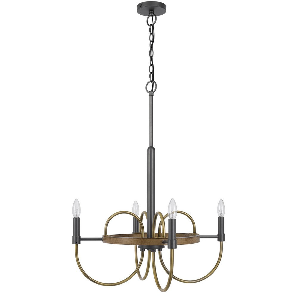 4 Light Candelabra Chandelier | Wood Base | Bronze & Gray Metal 24"