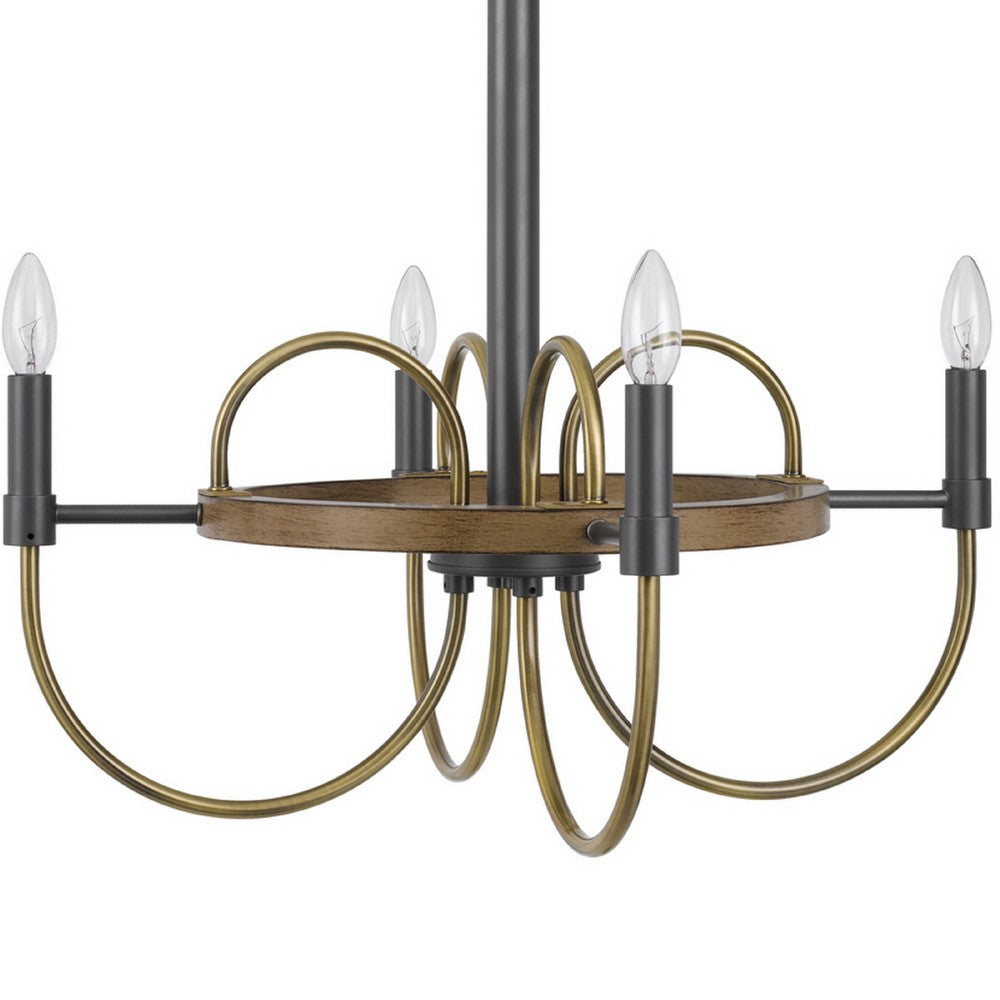 4 Light Candelabra Chandelier | Wood Base | Bronze & Gray Metal 24"