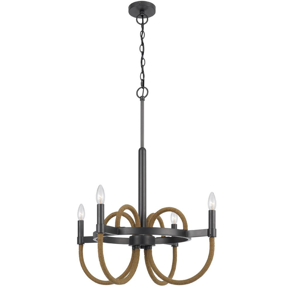 4 Light Candelabra Chandelier | Burlap Accents | Charcoal Gray Metal 24"