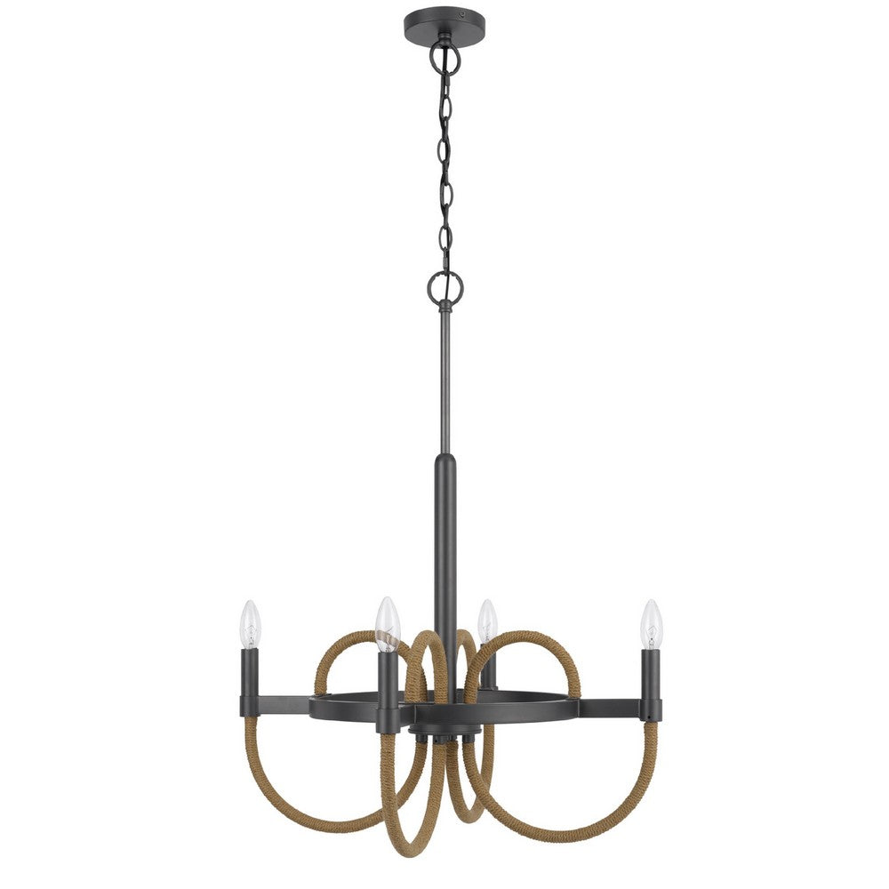4 Light Candelabra Chandelier | Burlap Accents | Charcoal Gray Metal 24"
