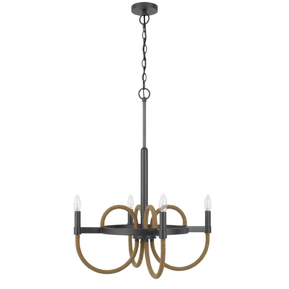4 Light Candelabra Chandelier | Burlap Accents | Charcoal Gray Metal 24"