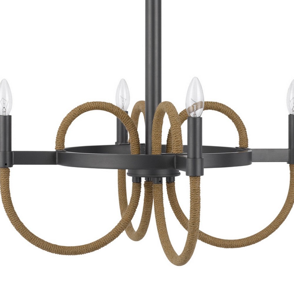 4 Light Candelabra Chandelier | Burlap Accents | Charcoal Gray Metal 24"