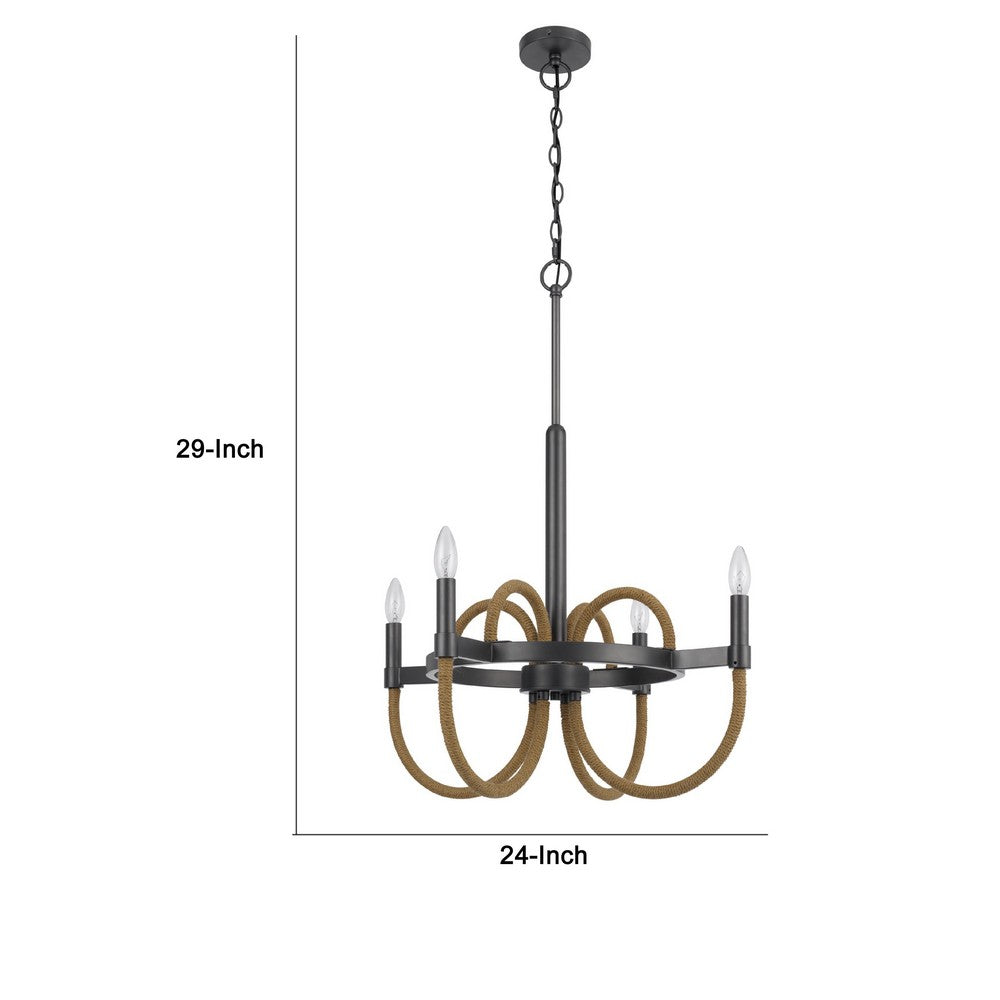 4 Light Candelabra Chandelier | Burlap Accents | Charcoal Gray Metal 24"