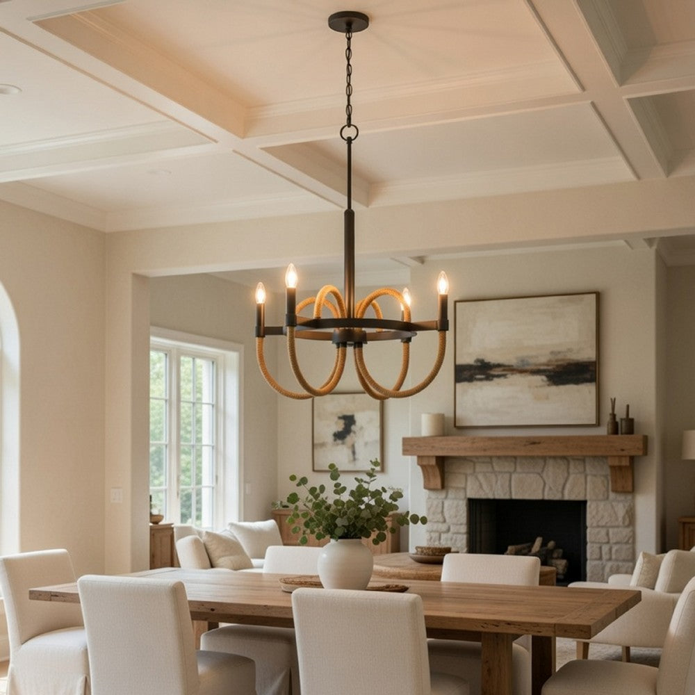 4 Light Candelabra Chandelier | Burlap Accents | Charcoal Gray Metal 24"