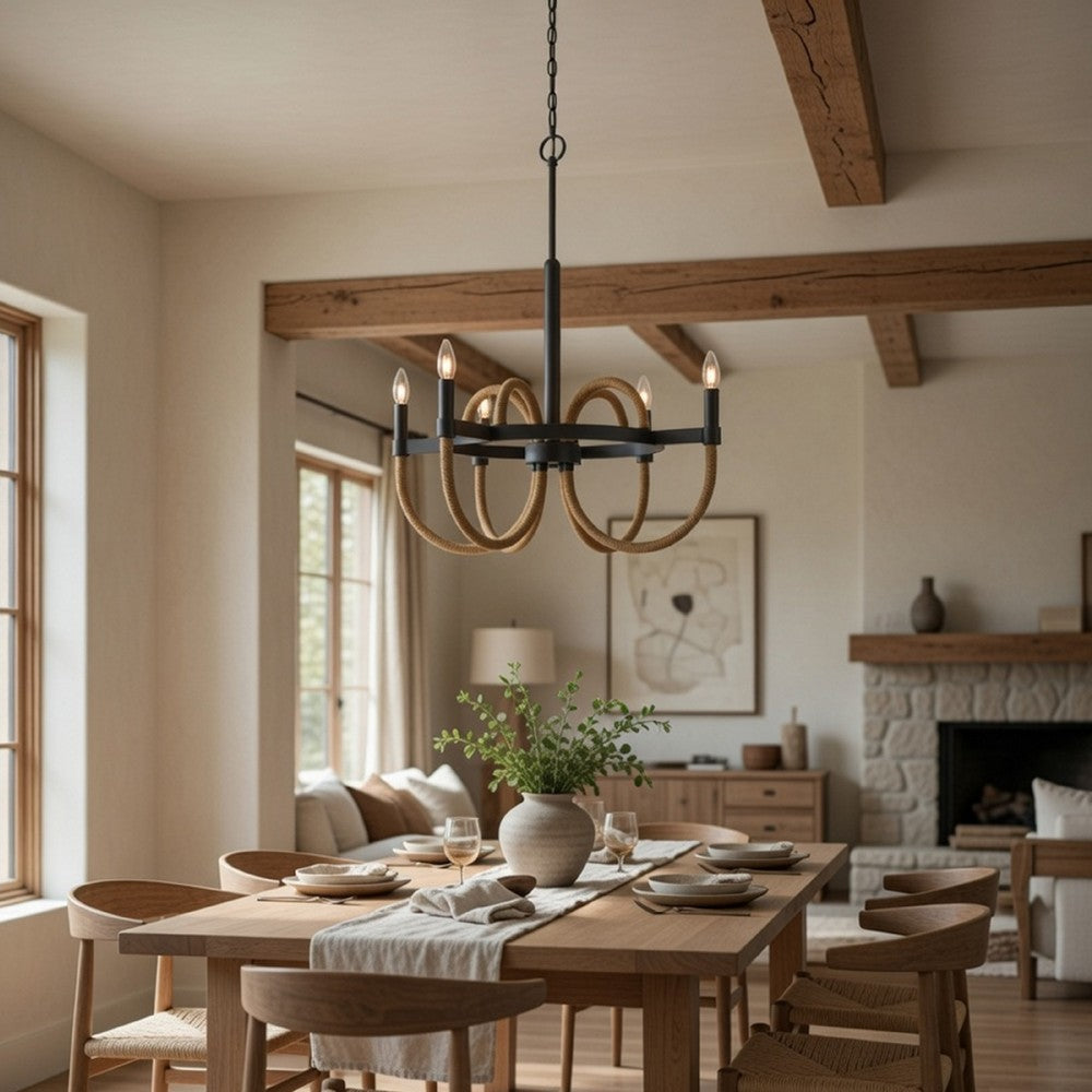 4 Light Candelabra Chandelier | Burlap Accents | Charcoal Gray Metal 24"