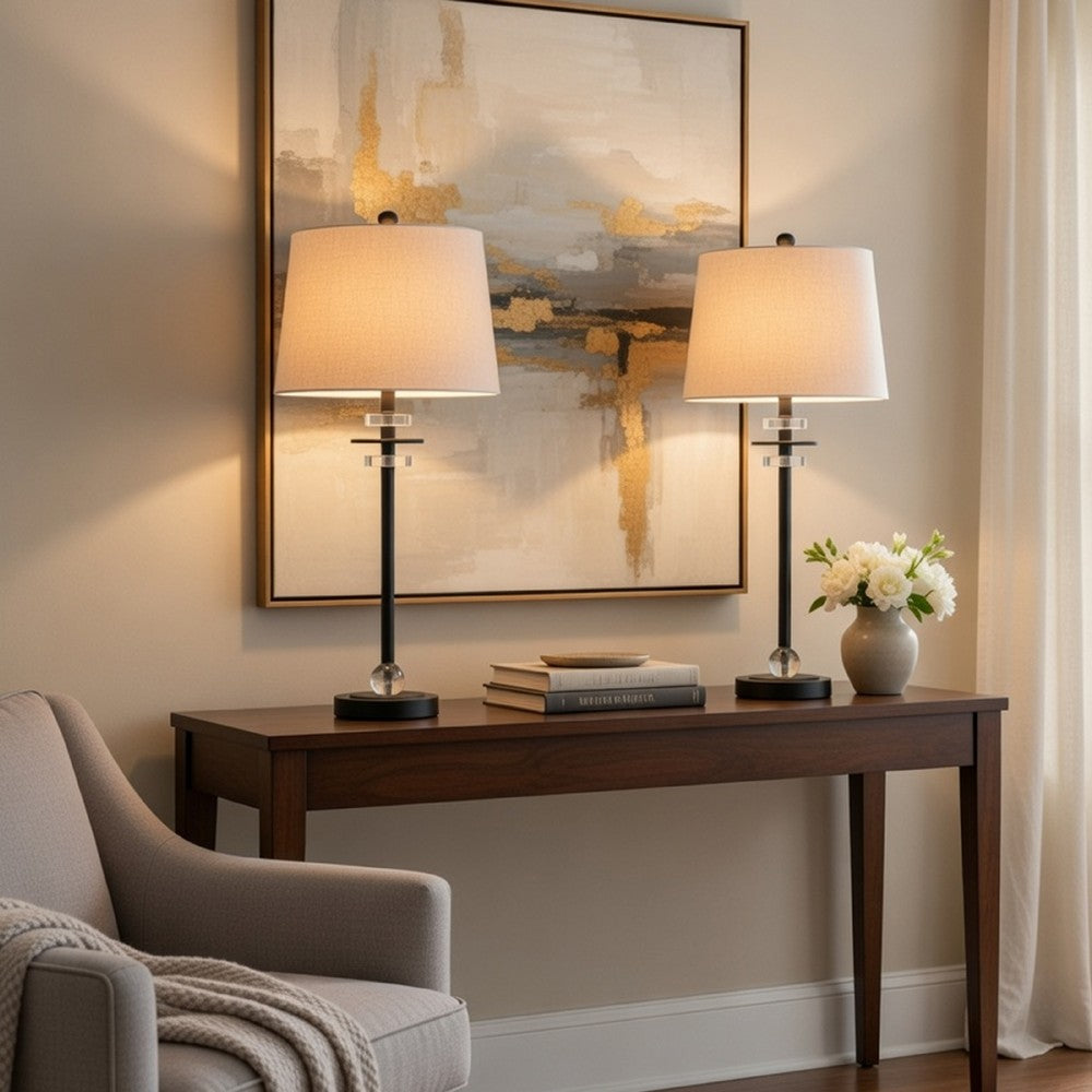 Tika Table Lamp Set of 2 | Crystal Rings & Black Metal Ball | Fabric Shade