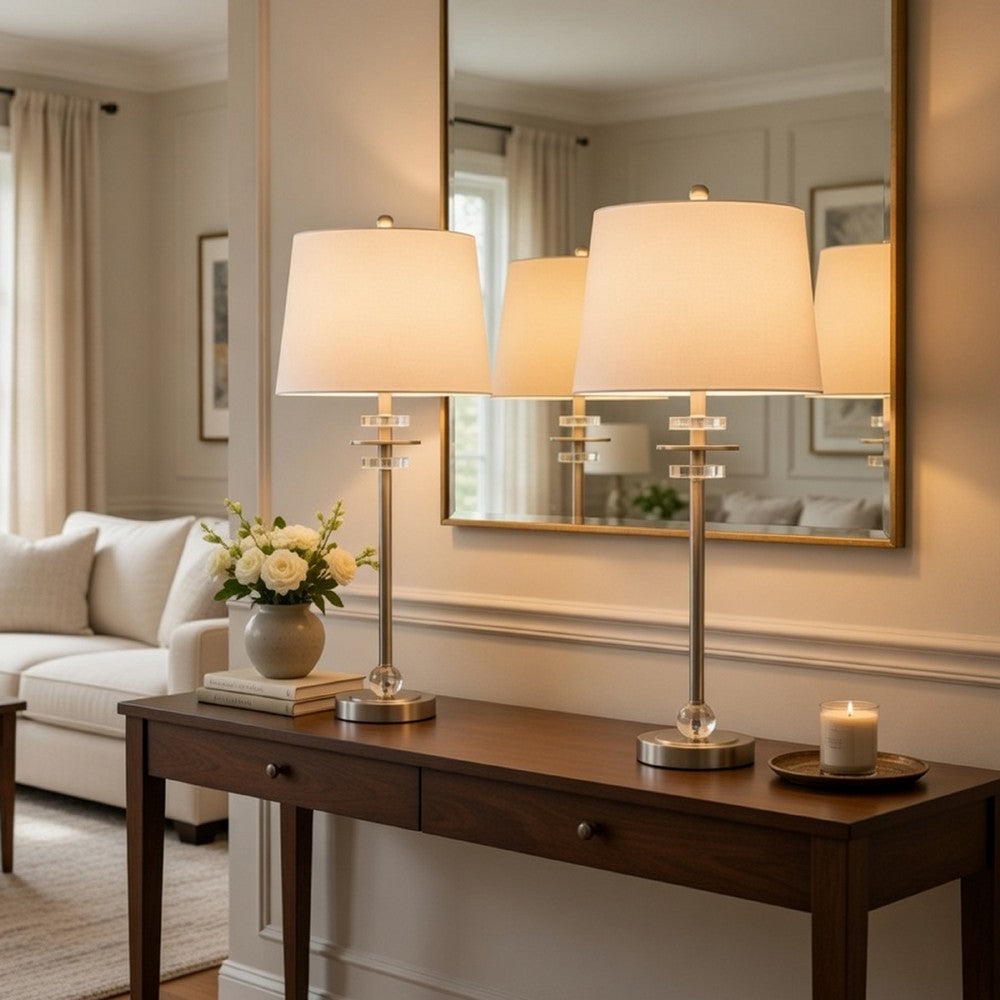 Tika Table Lamp Set of 2 | Crystal Rings & Brushed Steel | Fabric Shade
