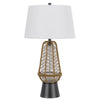 Lantern Table Lamp with Night Light | Burlap Wrapped Glass Body | Gray Metal