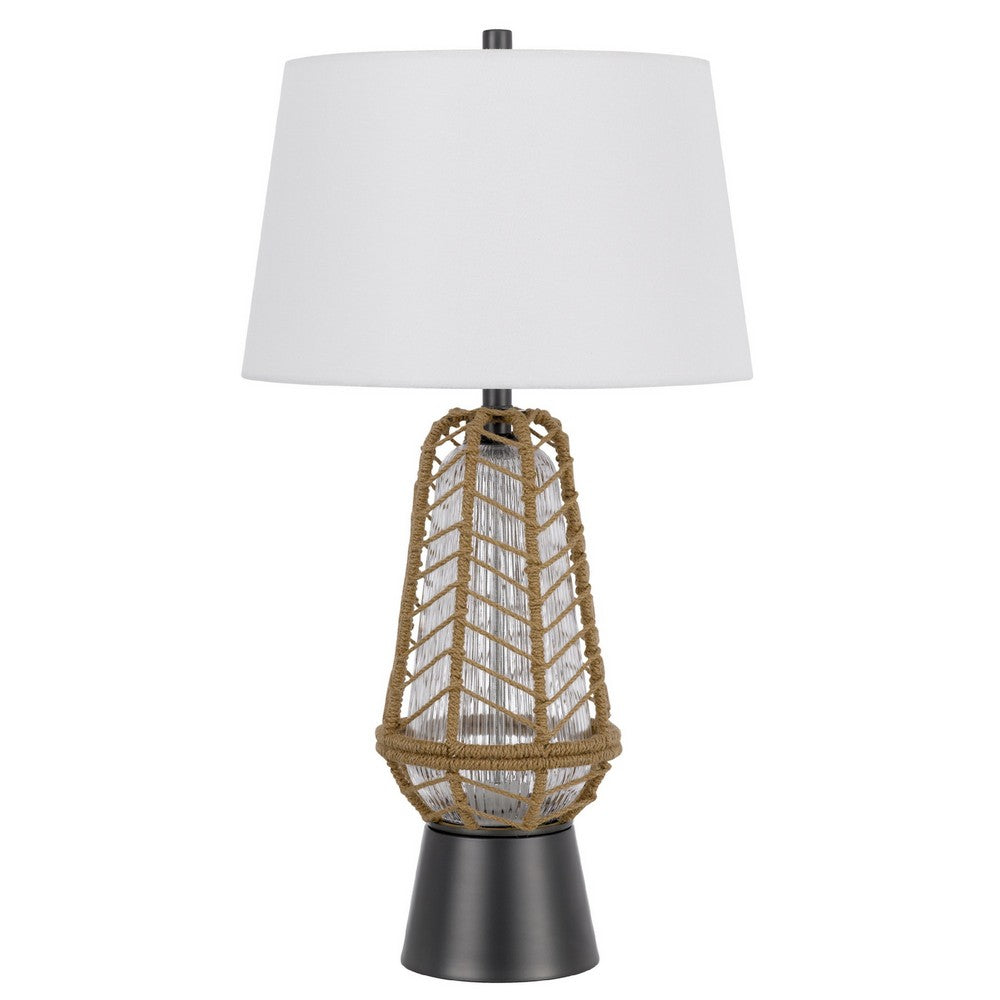 Lantern Table Lamp with Night Light | Burlap Wrapped Glass Body | Gray Metal