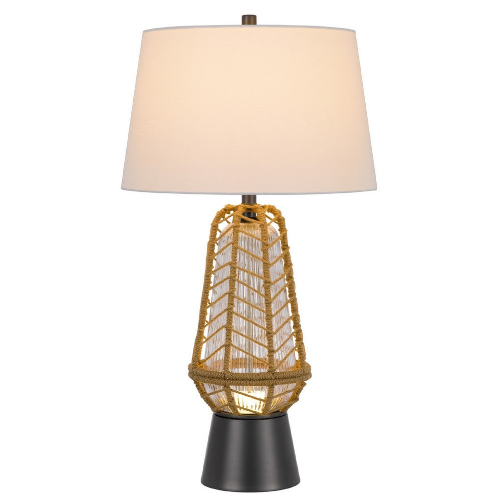 Lantern Table Lamp with Night Light | Burlap Wrapped Glass Body | Gray Metal