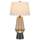 Lantern Table Lamp with Night Light | Burlap Wrapped Glass Body | Gray Metal