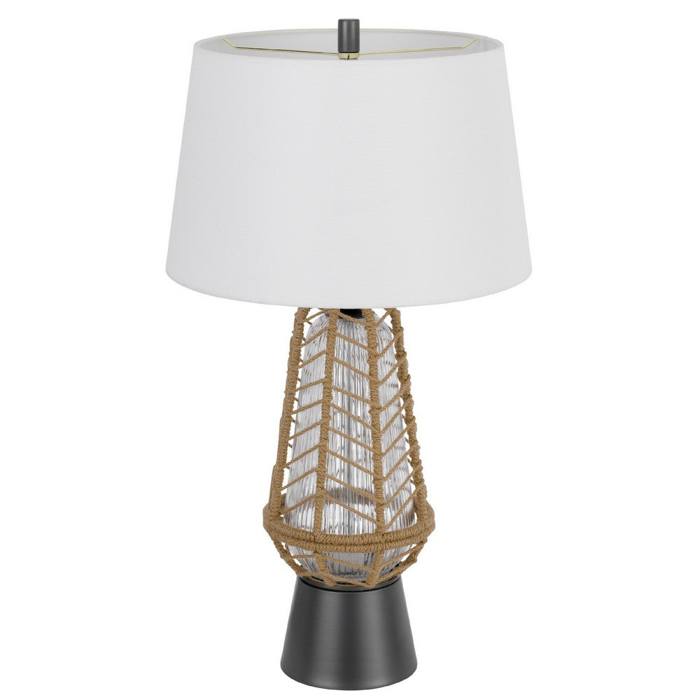 Lantern Table Lamp with Night Light | Burlap Wrapped Glass Body | Gray Metal