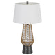 Lantern Table Lamp with Night Light | Burlap Wrapped Glass Body | Gray Metal