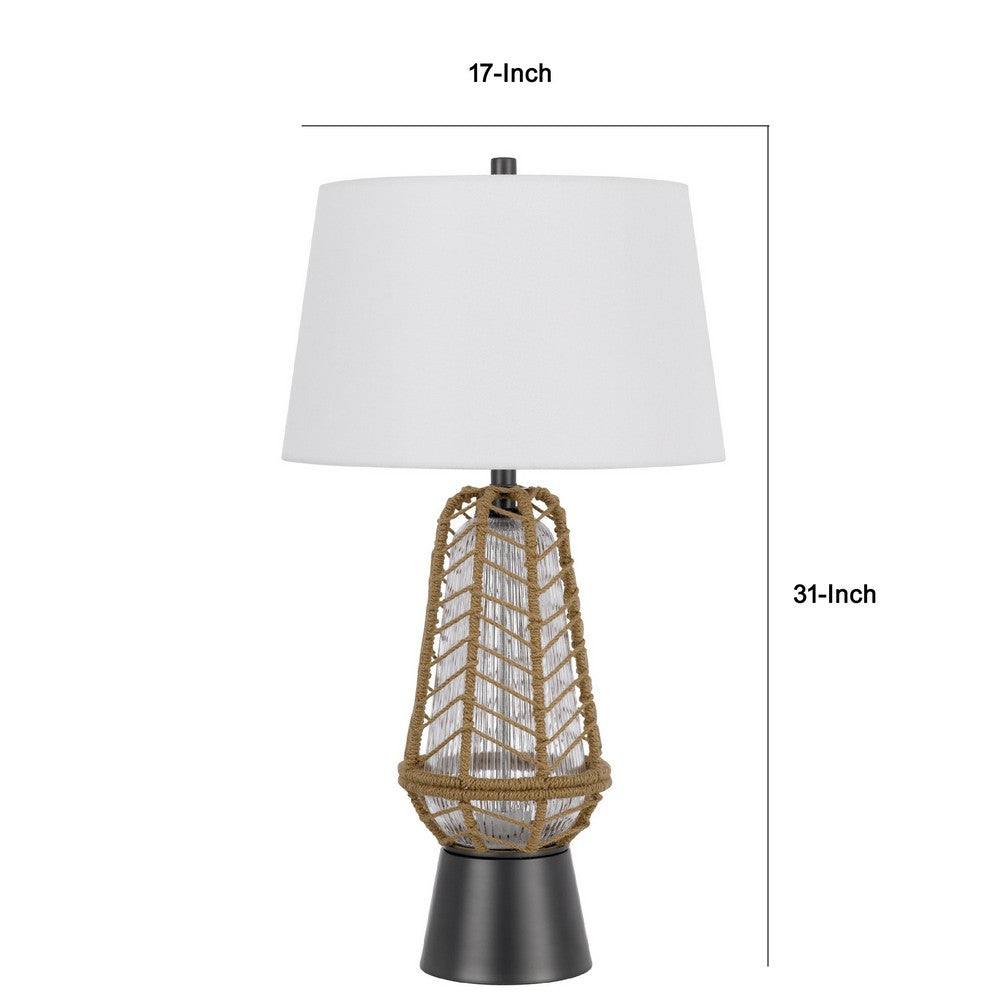 Lantern Table Lamp with Night Light | Burlap Wrapped Glass Body | Gray Metal