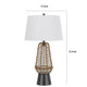 Lantern Table Lamp with Night Light | Burlap Wrapped Glass Body | Gray Metal