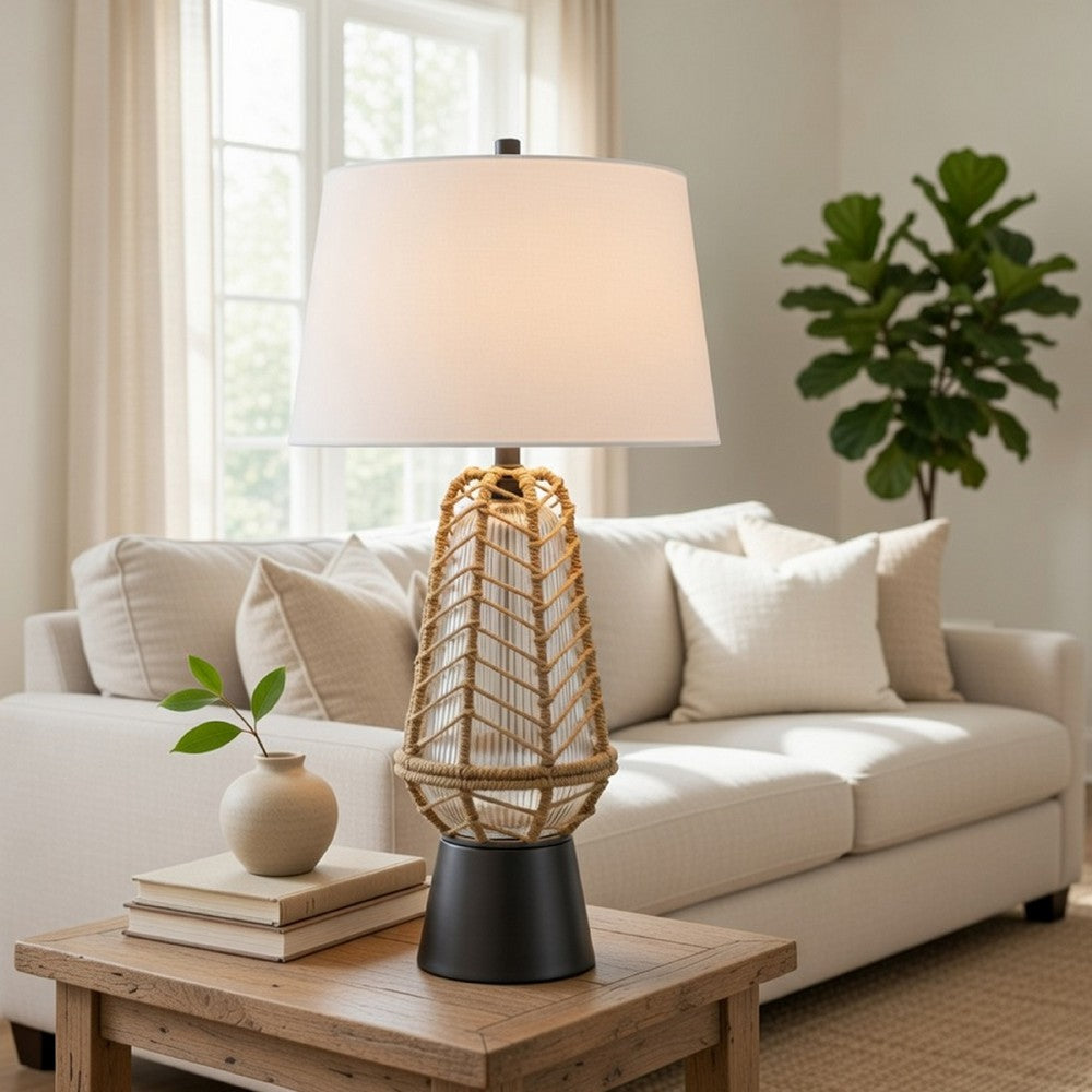 Lantern Table Lamp with Night Light | Burlap Wrapped Glass Body | Gray Metal