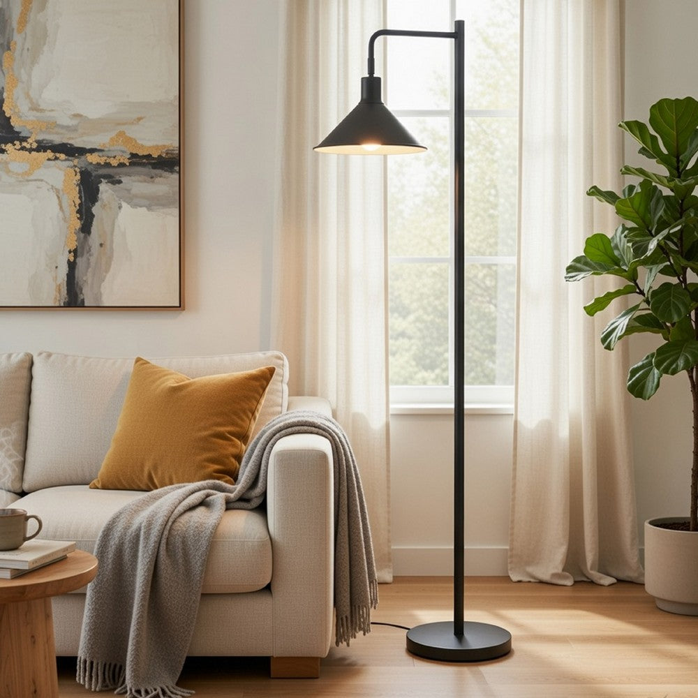 Floor Lamp | Adjustable Head with Hanging Cone Shade | Retro Black Metal