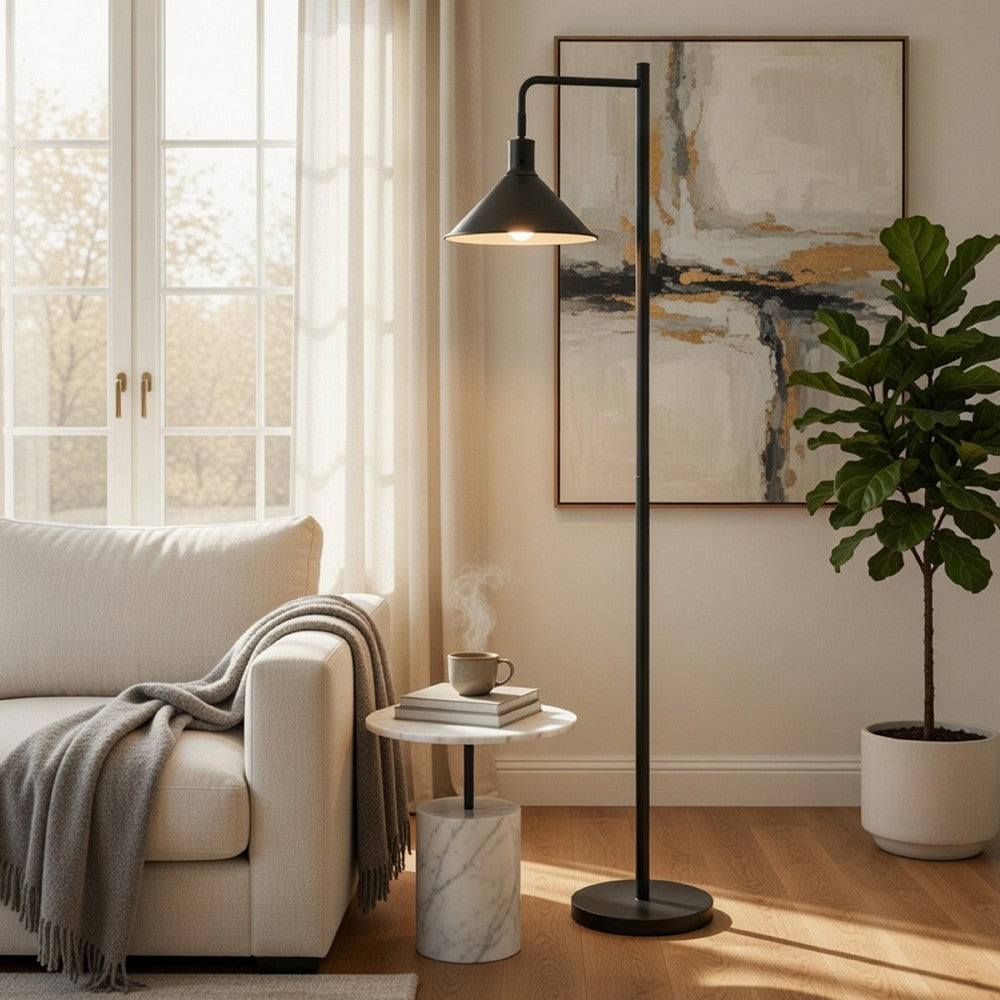 Floor Lamp | Adjustable Head with Hanging Cone Shade | Retro Black Metal