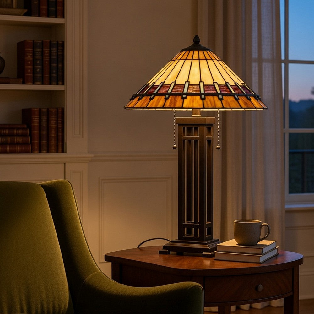 Eli Table Lamp | Tiffany Stained Glass Shade | Hand Painted Design | Bronze