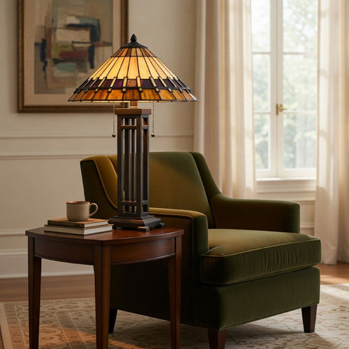 Eli Table Lamp | Tiffany Stained Glass Shade | Hand Painted Design | Bronze