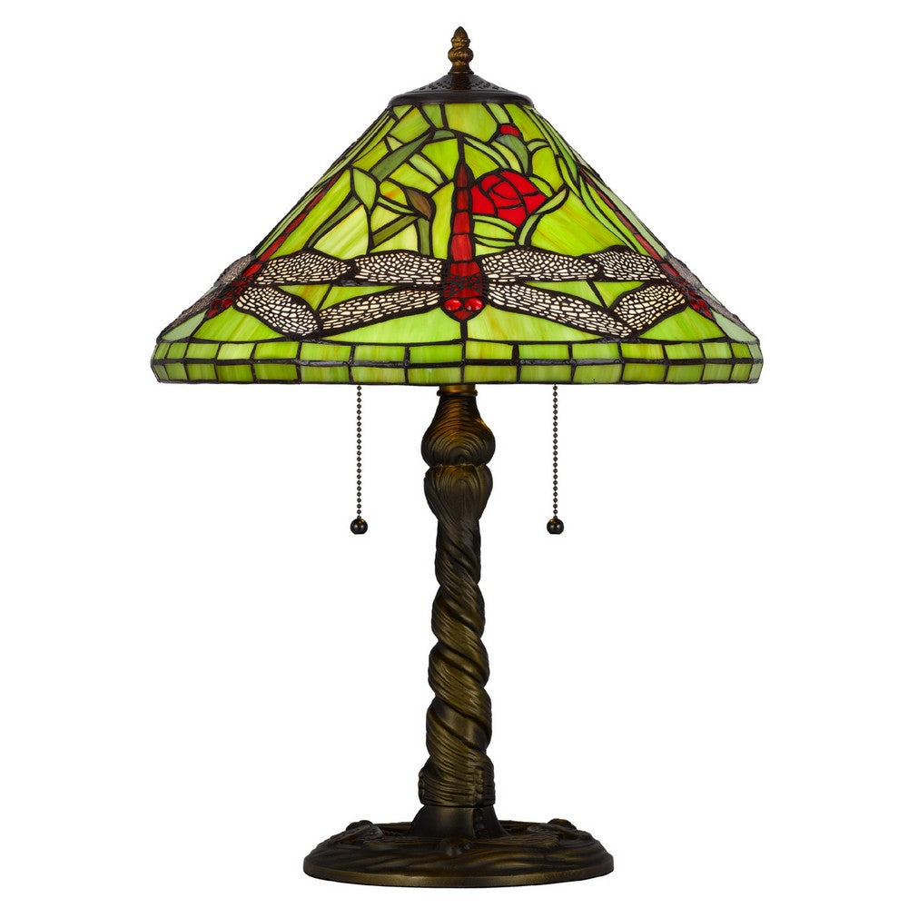Eli Table Lamp with Tiffany Glass Shade Painted Green Dragonfly | Brass