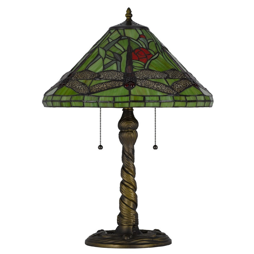 Eli Table Lamp with Tiffany Glass Shade Painted Green Dragonfly | Brass