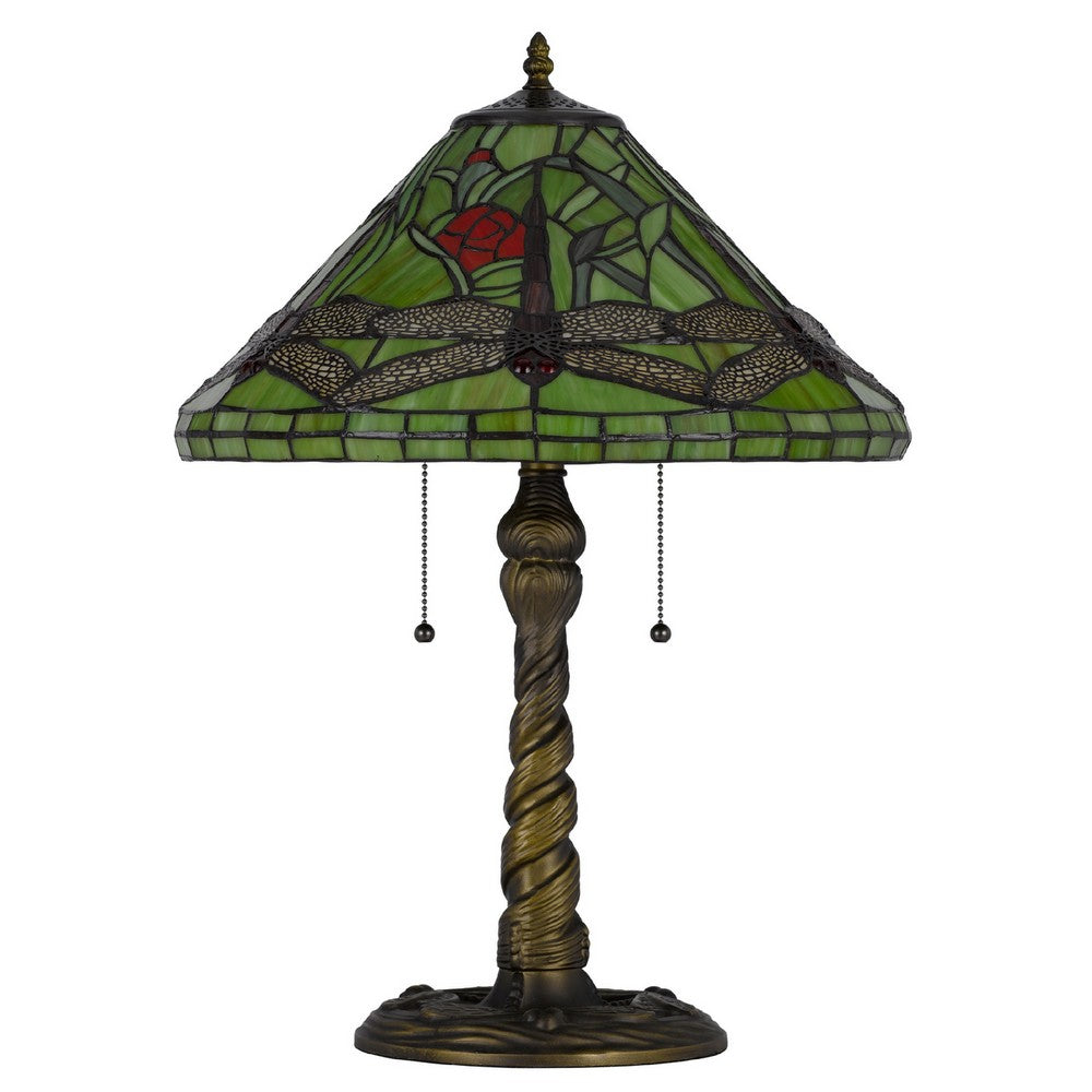 Eli Table Lamp with Tiffany Glass Shade Painted Green Dragonfly | Brass