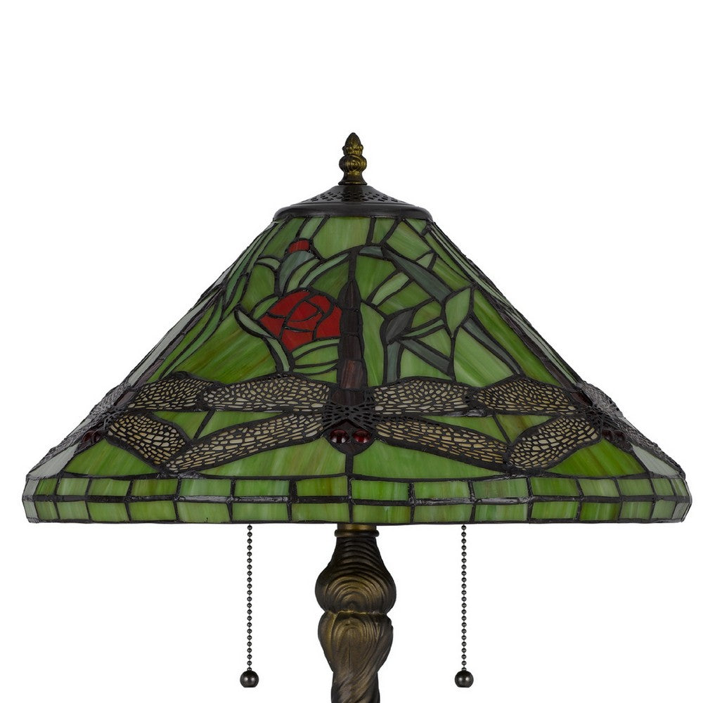 Eli Table Lamp with Tiffany Glass Shade Painted Green Dragonfly | Brass