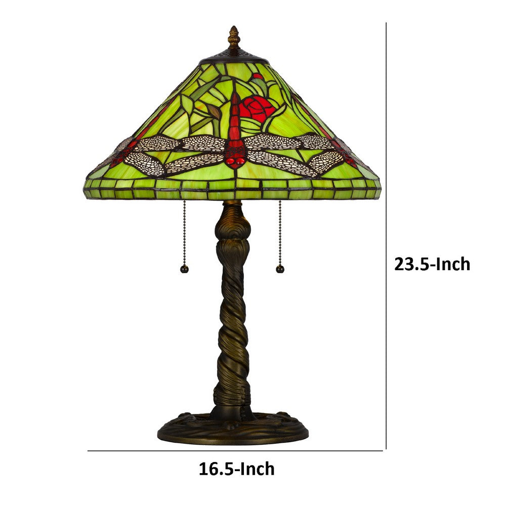 Eli Table Lamp with Tiffany Glass Shade Painted Green Dragonfly | Brass