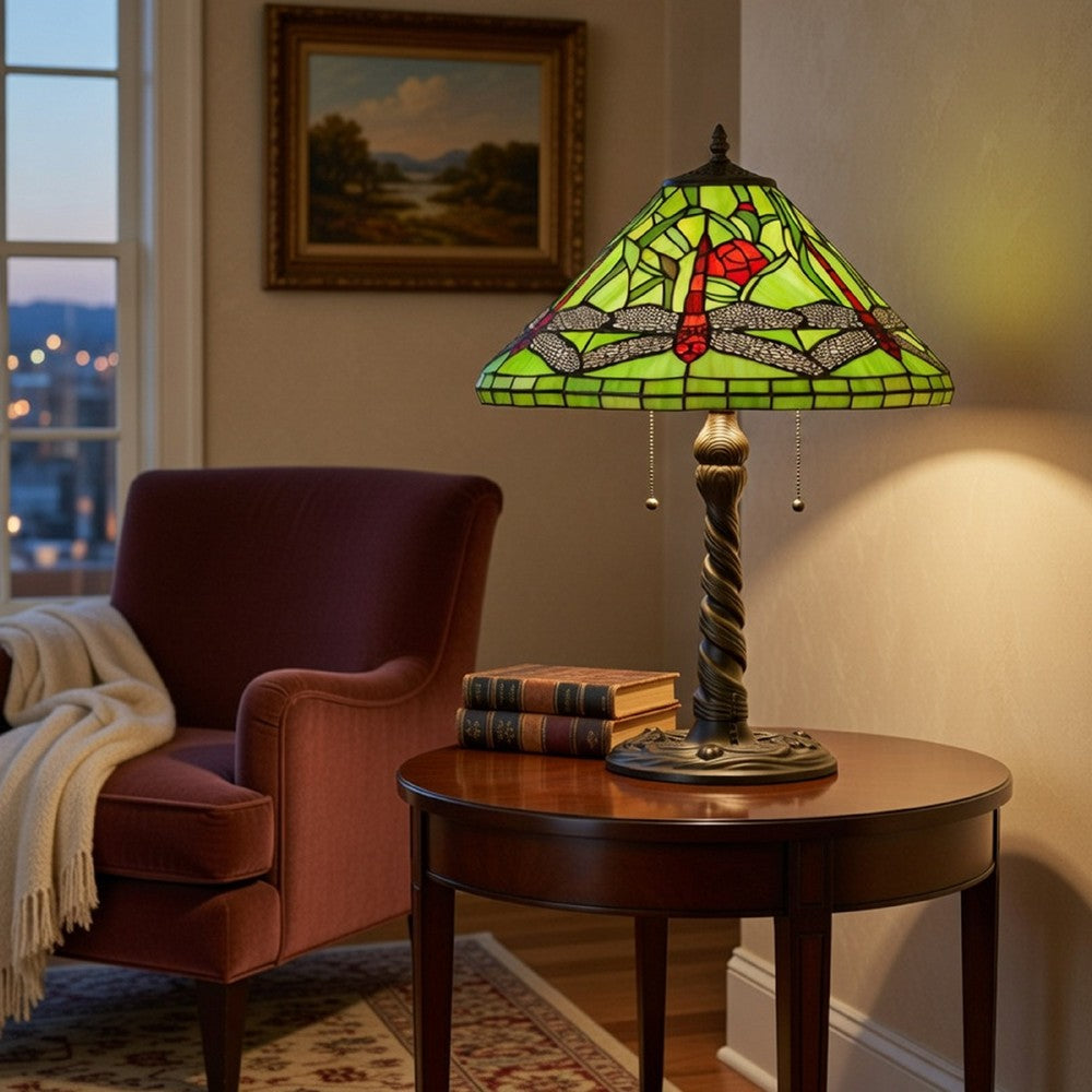 Eli Table Lamp with Tiffany Glass Shade Painted Green Dragonfly | Brass