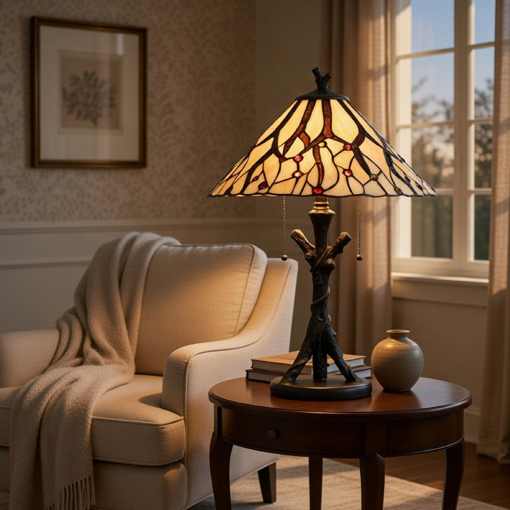 Eli Tiffany Glass Table Lamp | Hand Painted Leaf & Wine Shade | Bronze