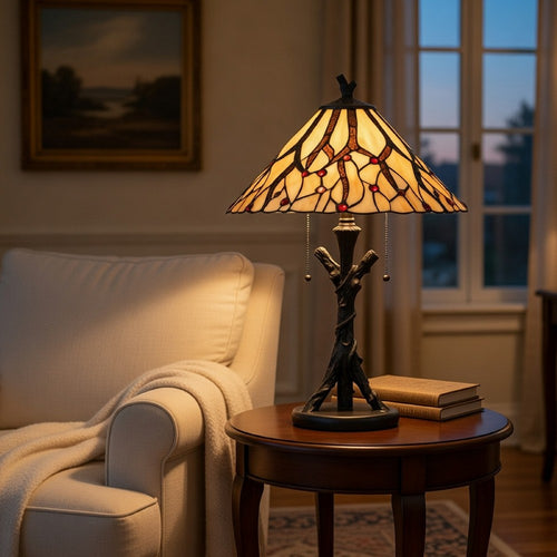 Eli Tiffany Glass Table Lamp | Hand Painted Leaf & Wine Shade | Bronze