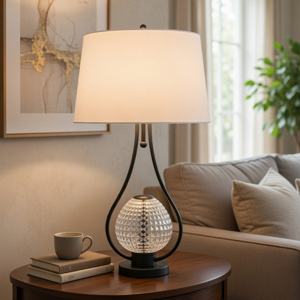 Table Lamp with Nightlight | Teardrop Diamond Design Glass Body | Gray Metal