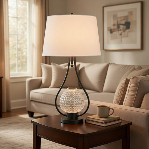 Table Lamp with Nightlight | Teardrop Diamond Design Glass Body | Gray Metal