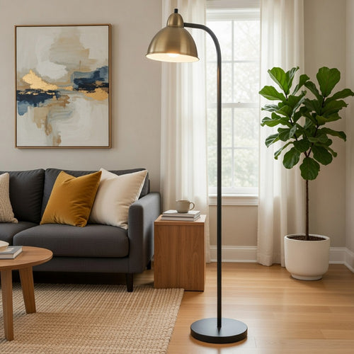 Floor Lamp | Vintage Style Dome Shade | Industrial Black & Antique Brass
