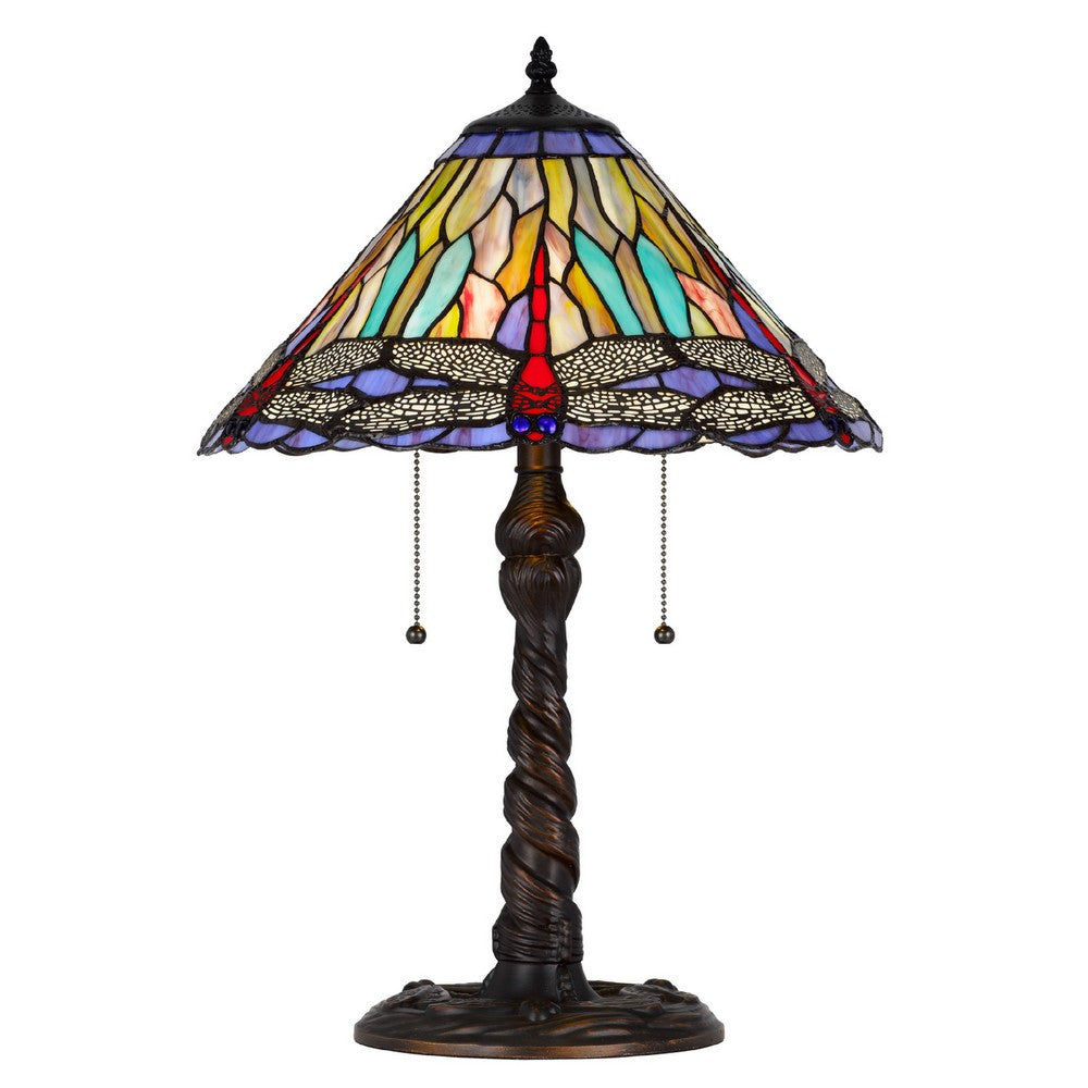 Eli Table Lamp | 15" Tiffany Glass Shade | Blue Red Dragonfly Design | Bronze