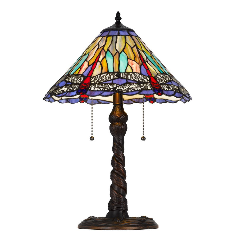 Eli Table Lamp | 15" Tiffany Glass Shade | Blue Red Dragonfly Design | Bronze