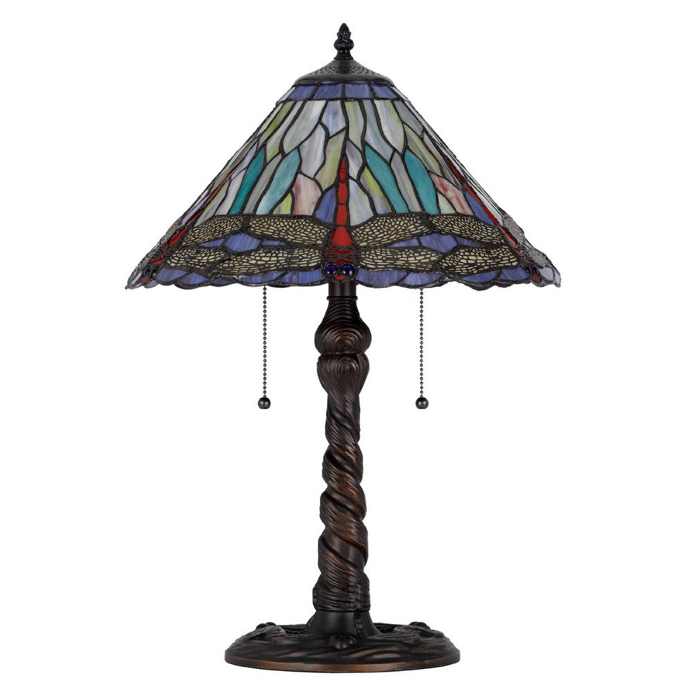 Eli Table Lamp | 15" Tiffany Glass Shade | Blue Red Dragonfly Design | Bronze