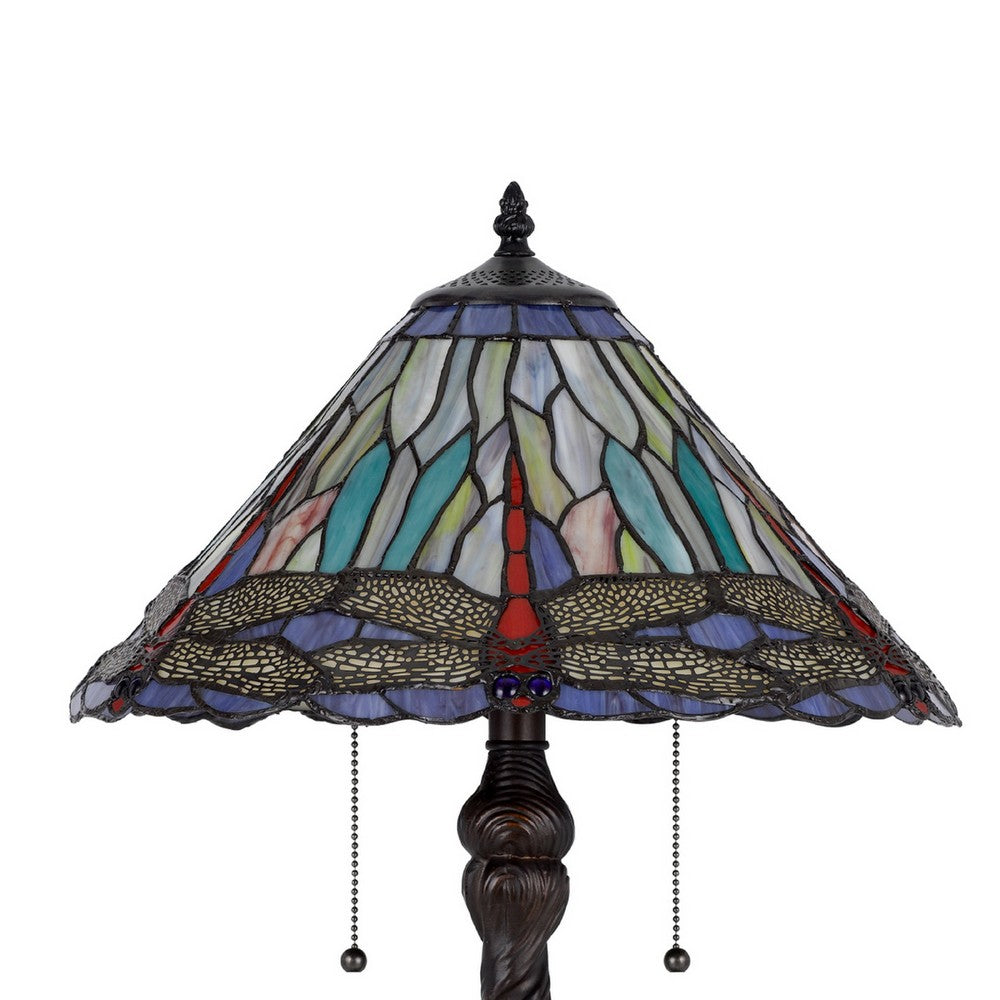 Eli Table Lamp | 15" Tiffany Glass Shade | Blue Red Dragonfly Design | Bronze