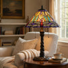 Eli Table Lamp | 15" Tiffany Glass Shade | Blue Red Dragonfly Design | Bronze