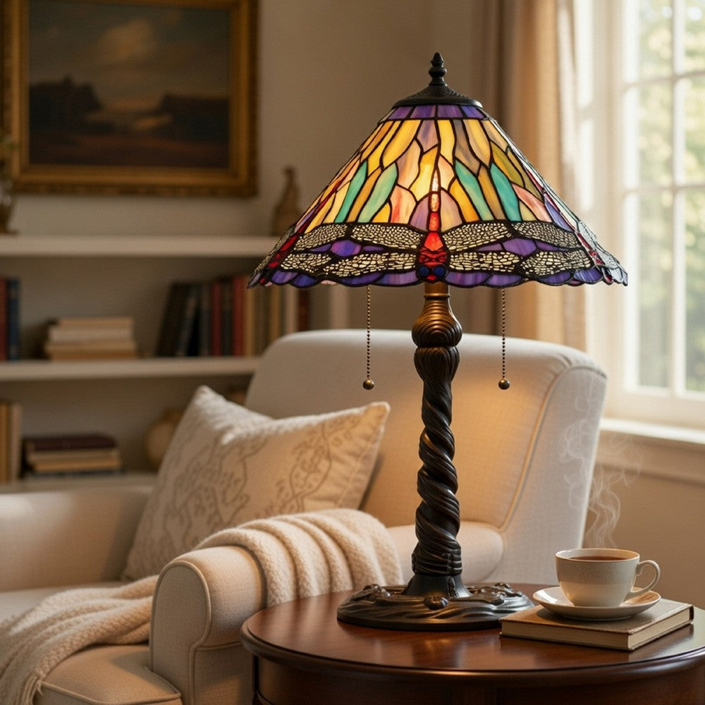 Eli Table Lamp | 15" Tiffany Glass Shade | Blue Red Dragonfly Design | Bronze
