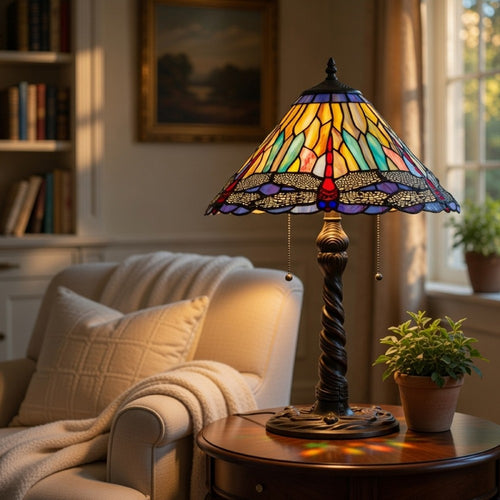 Eli Table Lamp | 15" Tiffany Glass Shade | Blue Red Dragonfly Design | Bronze