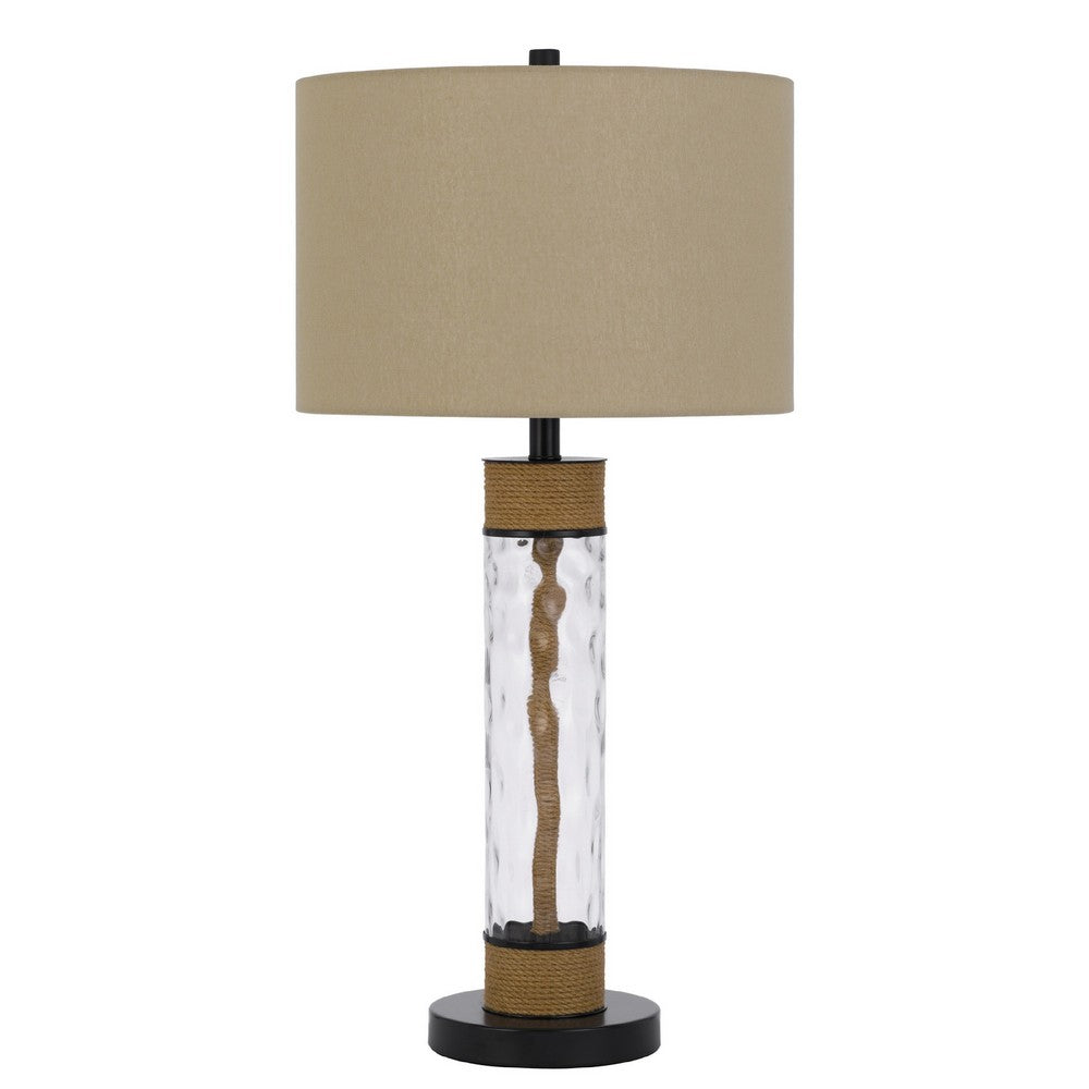 32" Table Lamp | Rippled Glass Body with Rope Accents | Burlap Shade | Metal Base