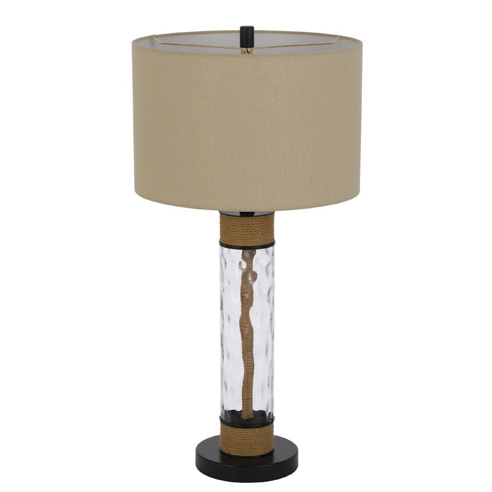 32" Table Lamp | Rippled Glass Body with Rope Accents | Burlap Shade | Metal Base