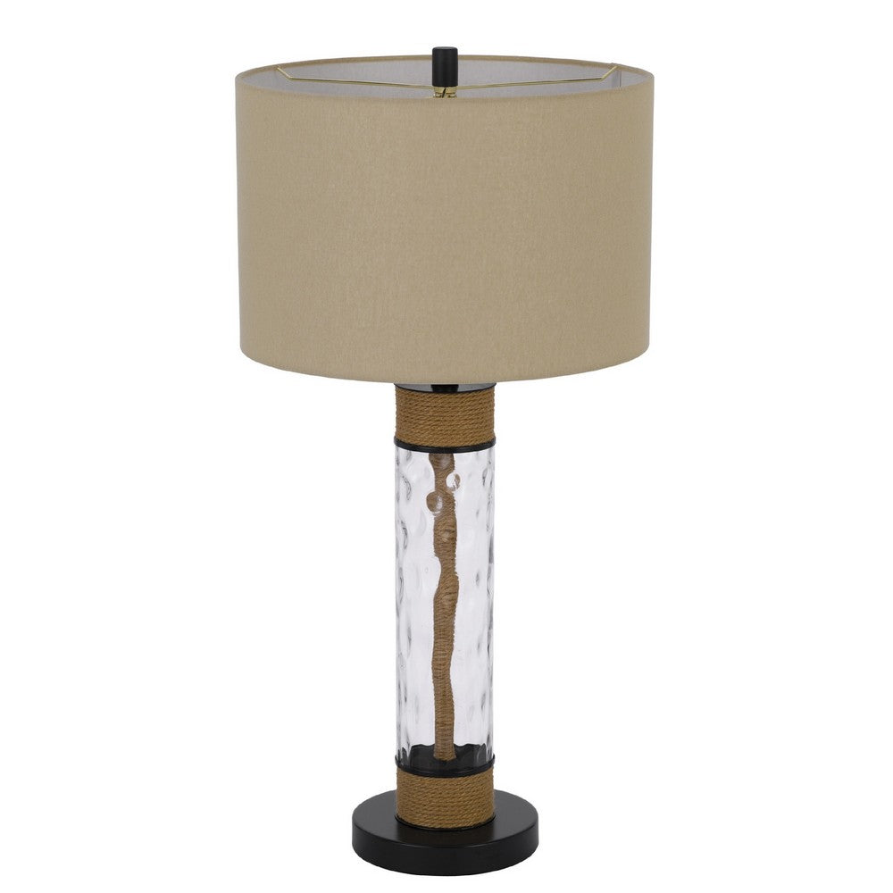 32" Table Lamp | Rippled Glass Body with Rope Accents | Burlap Shade | Metal Base