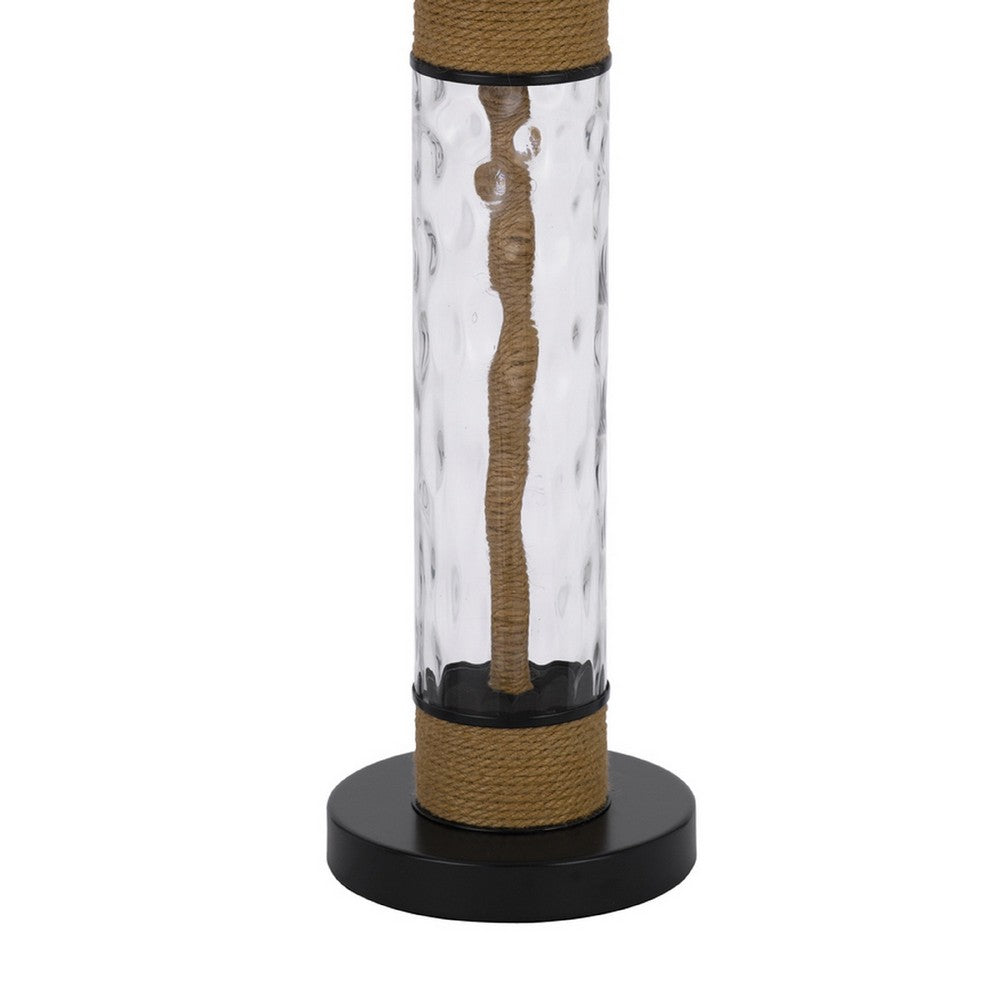 32" Table Lamp | Rippled Glass Body with Rope Accents | Burlap Shade | Metal Base