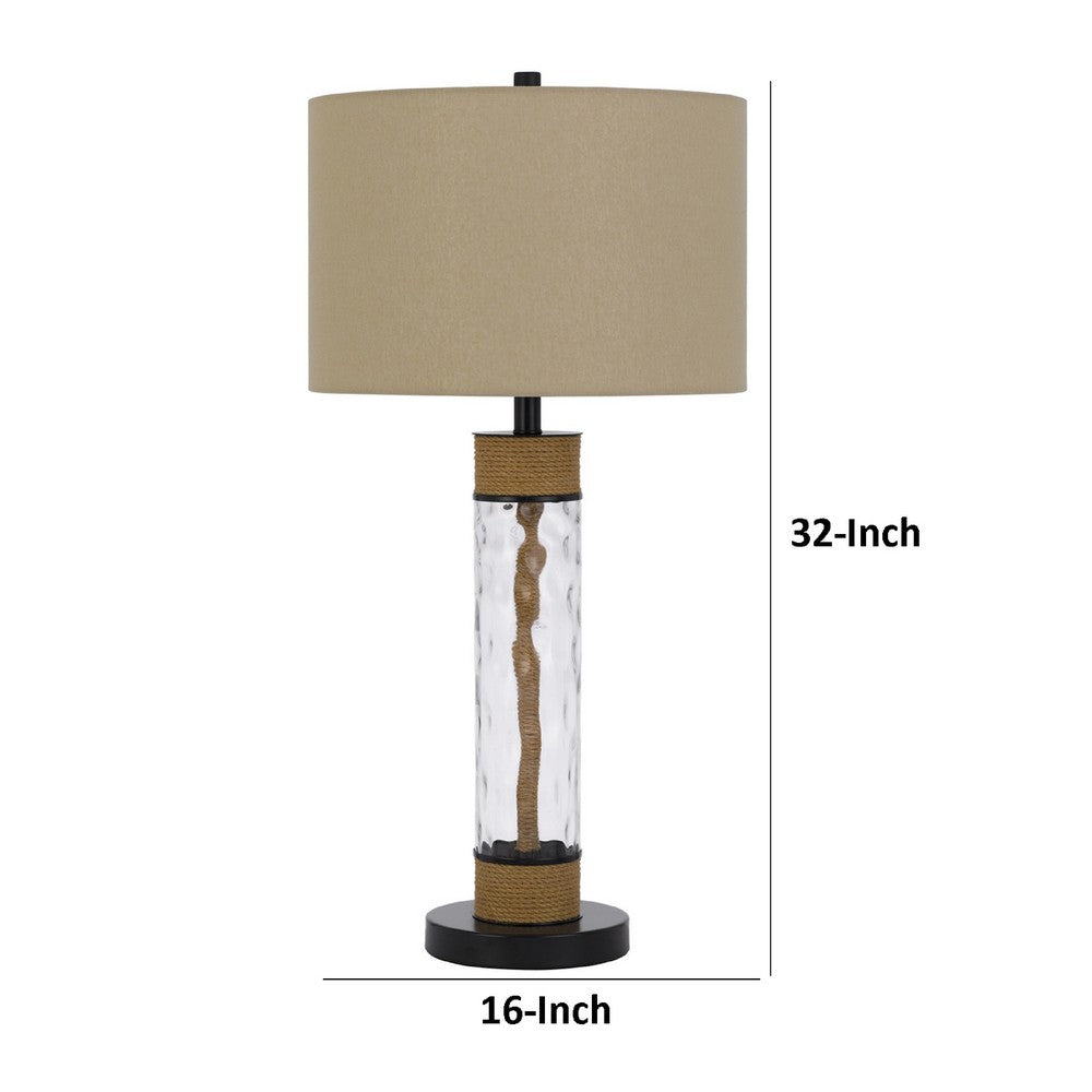32" Table Lamp | Rippled Glass Body with Rope Accents | Burlap Shade | Metal Base